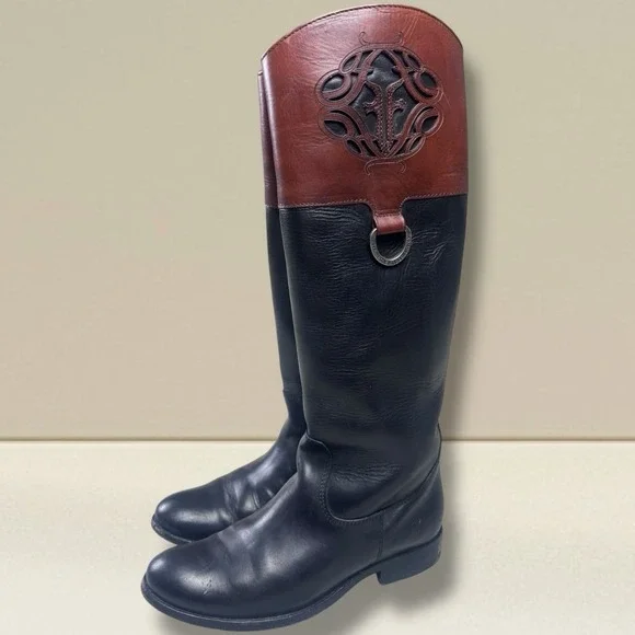 Frye Melissa Logo Black & Brown Leather‎ Knee High Boots 76436 Women's 6.5 B